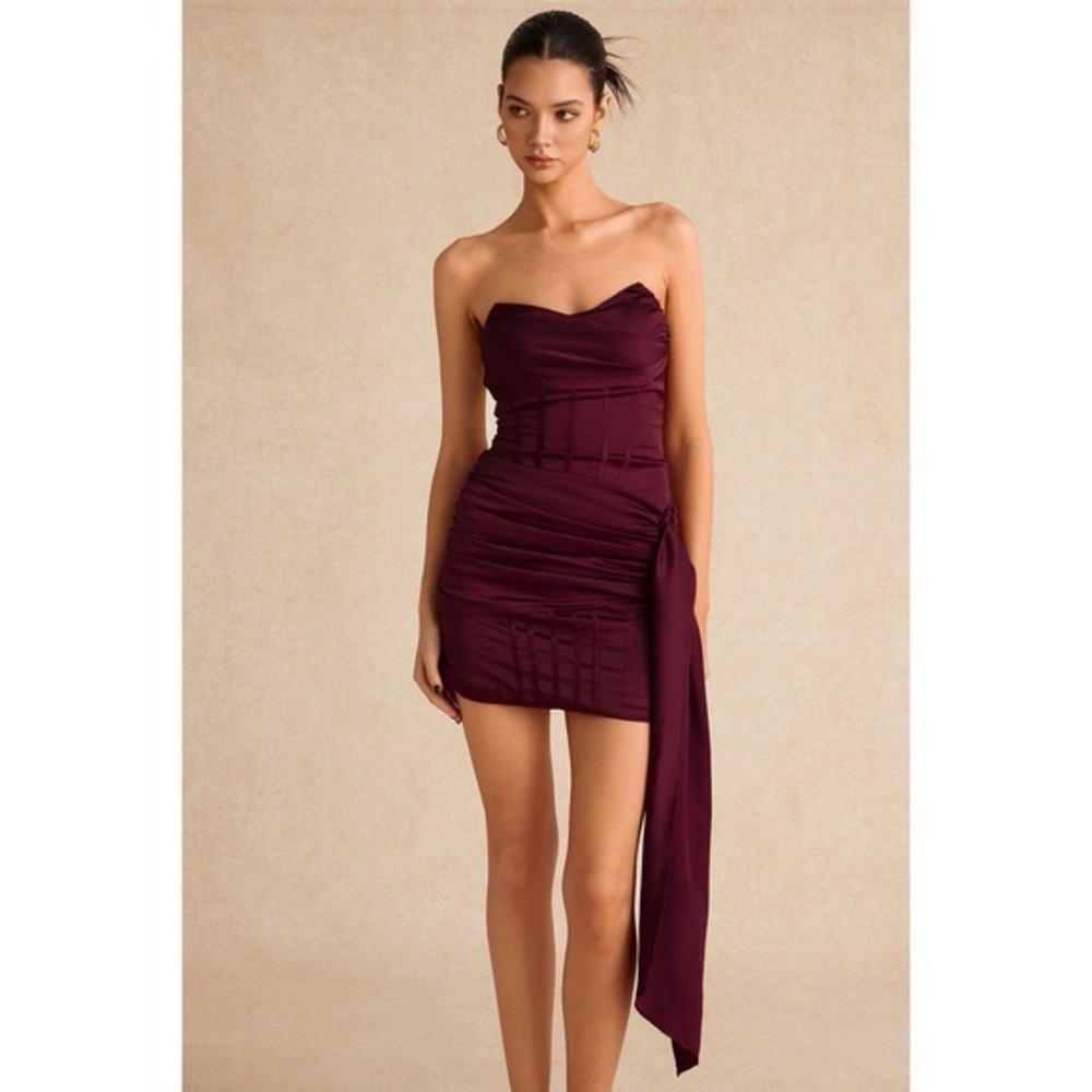 Micas Satin Asymmetrical Sleeveless Mini‎ Dress BURGUNDY size L
